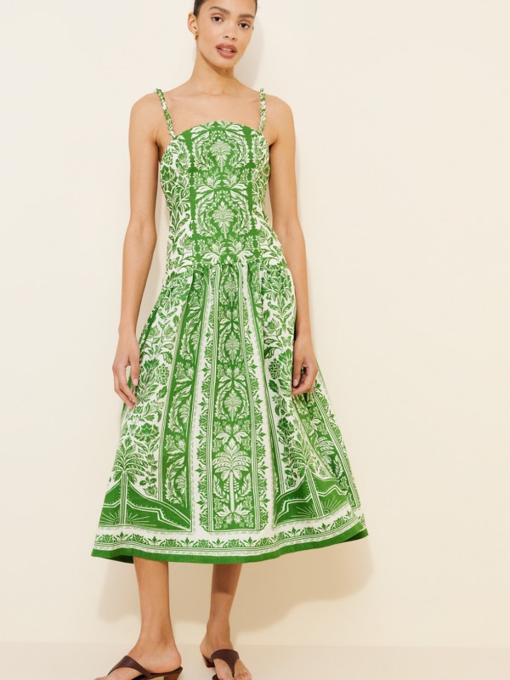 Farm Rio 100% linen Green Printed Midi Sundress